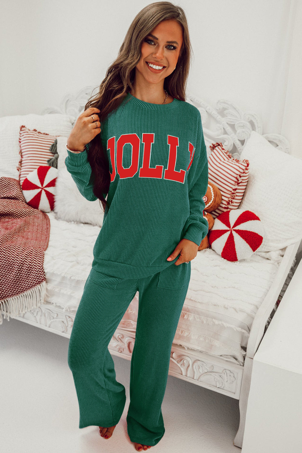 Black MERRY Corded Long Sleeve Top and Pockets Pants Set
