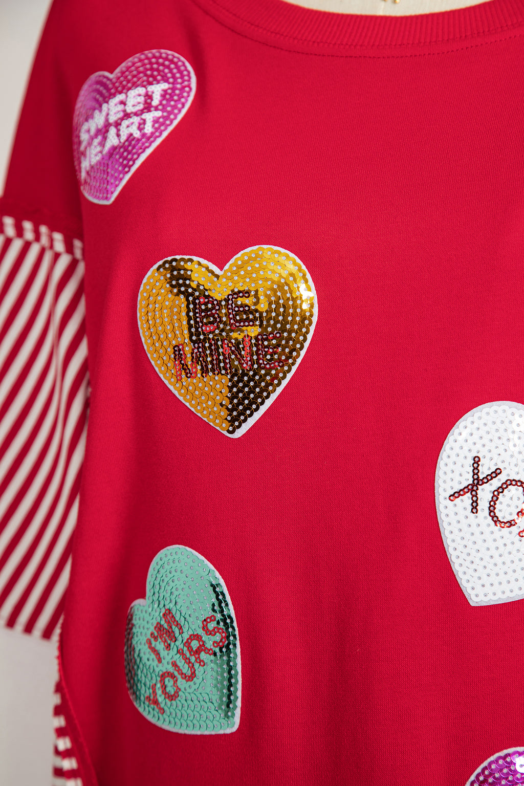 Fiery Red Valentines Day Slogan Sequin Heart Graphic Striped Color Block Patchwork Sweatshirt