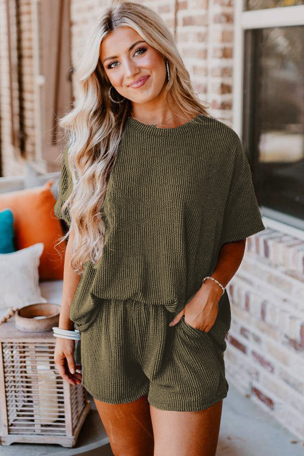 Chestnut Corded Knit Long Sleeve Top and High Waist Shorts Set