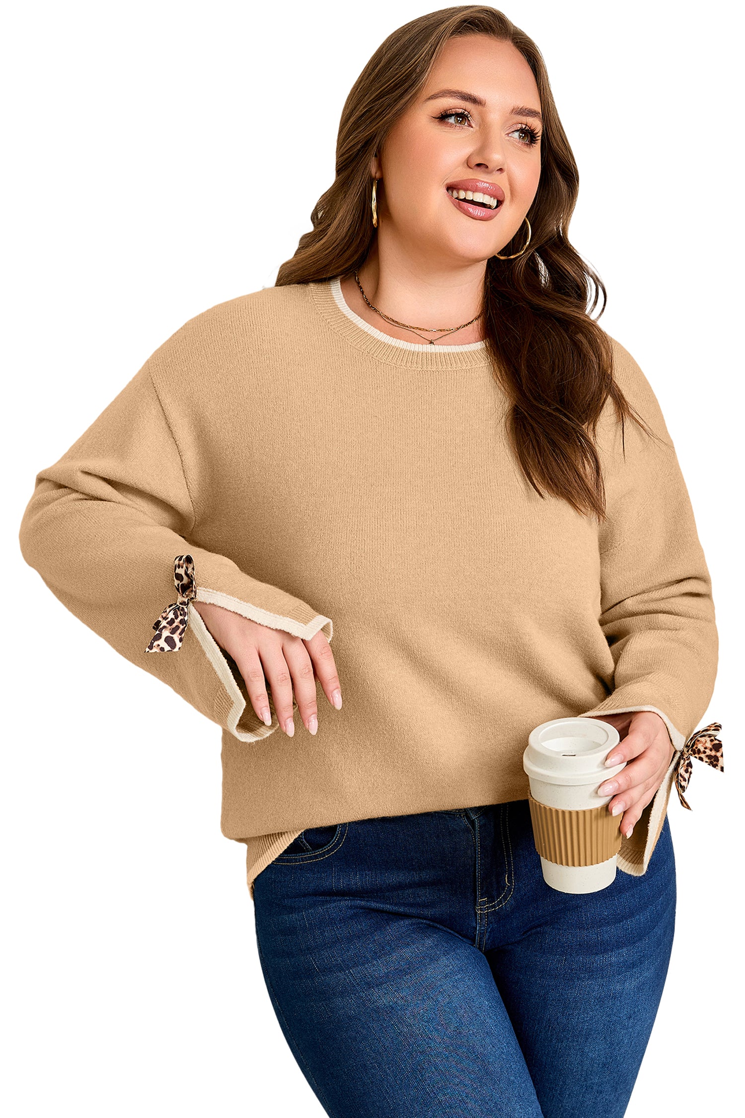 Tan Leopard Bow Decor Split Cuff Contrast Trim Sweater