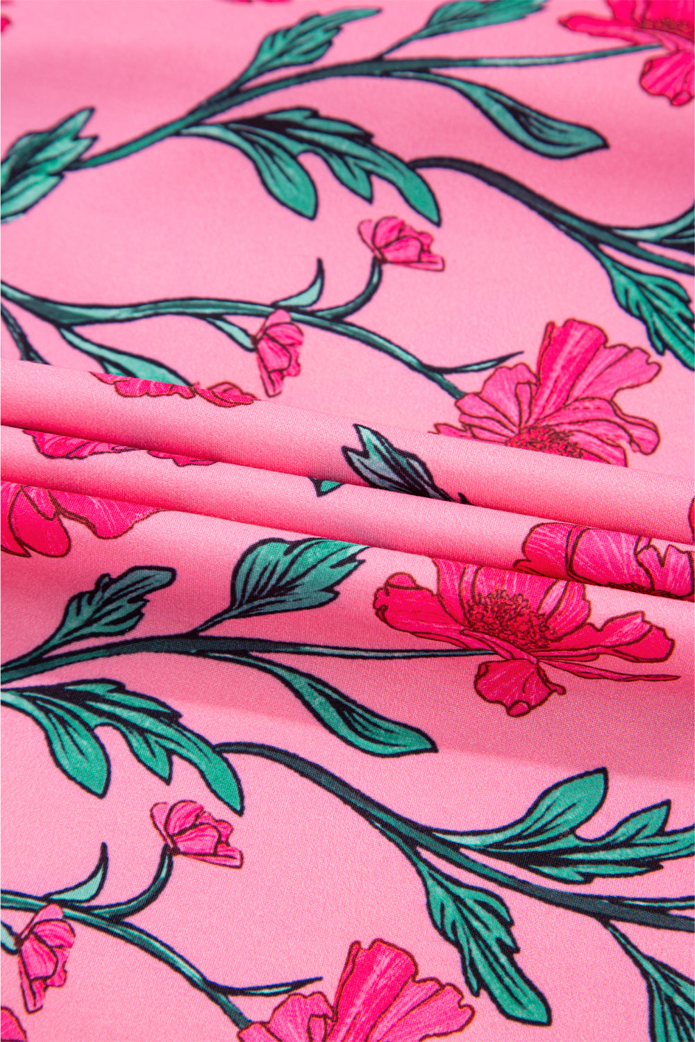 Pink Floral Contrast Neckline A-line Puff Sleeve Long Dress