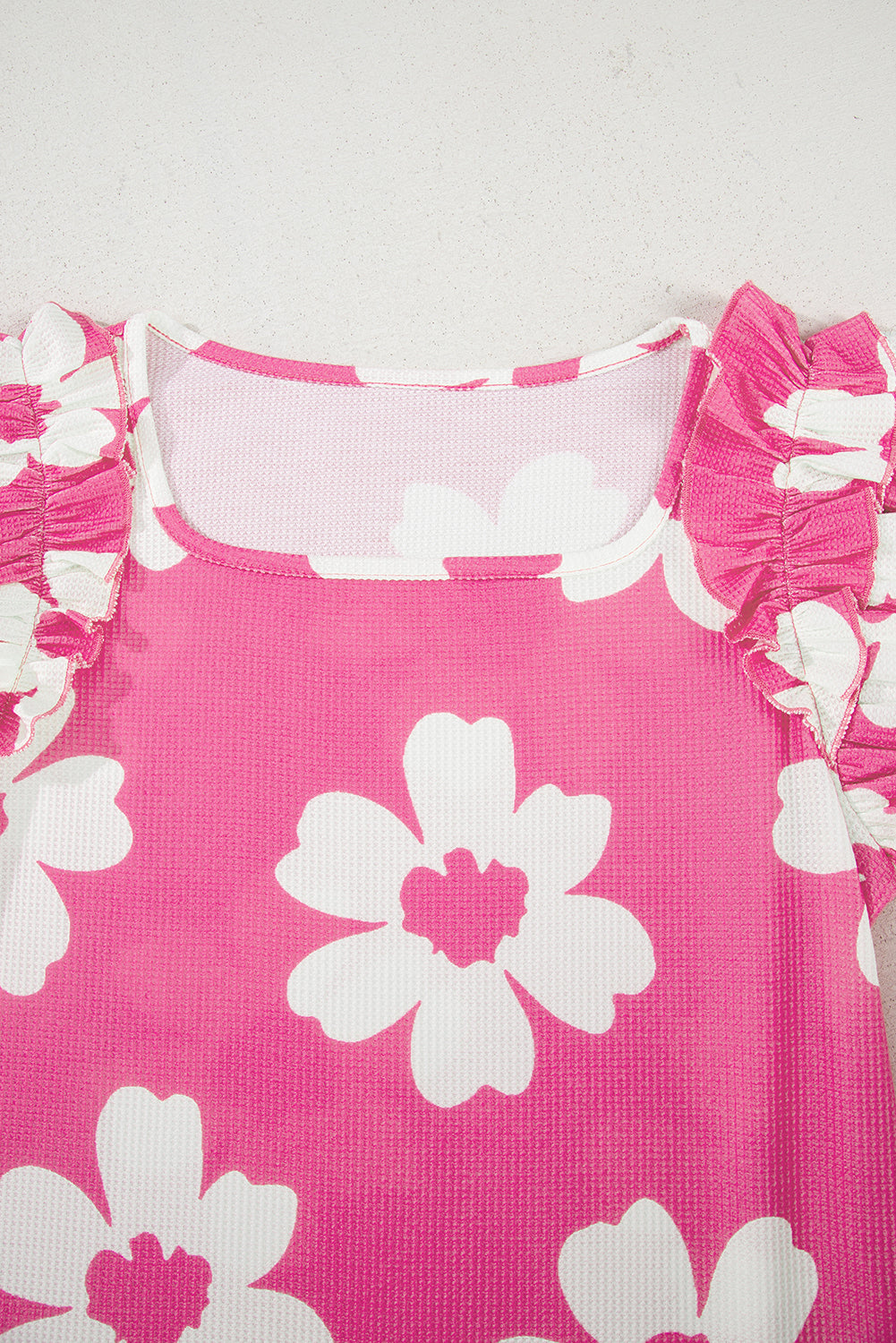Brown Floral Textured Ruffled Short Sleeve Square Neck Blouse