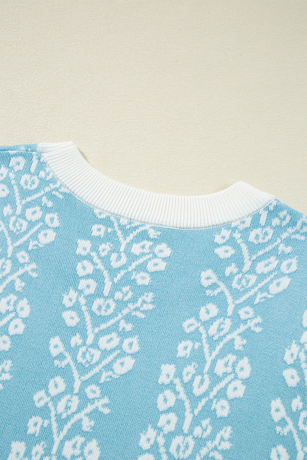 Sky Blue Contrast Floral Crewneck Short Sleeve Sweater