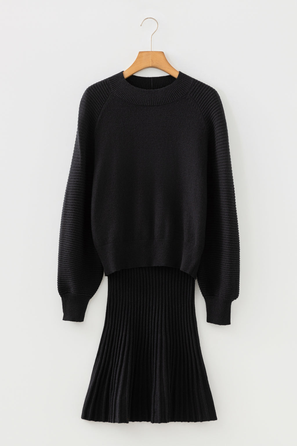 Smoke Gray High Neck Puff Sleeve Sweater Pleated Mini Skirt 2pcs Knitted Outfit