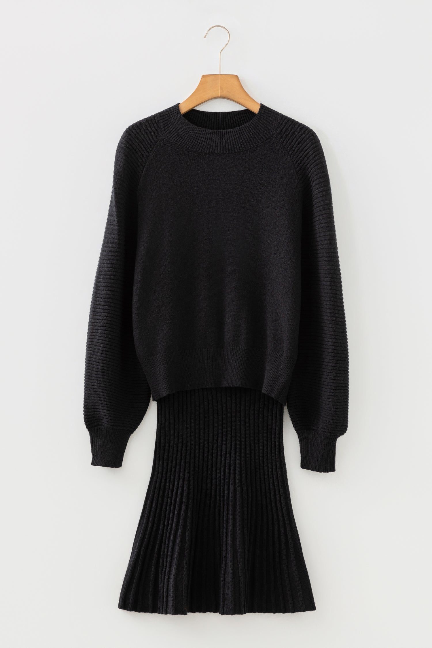 Smoke Gray High Neck Puff Sleeve Sweater Pleated Mini Skirt 2pcs Knitted Outfit