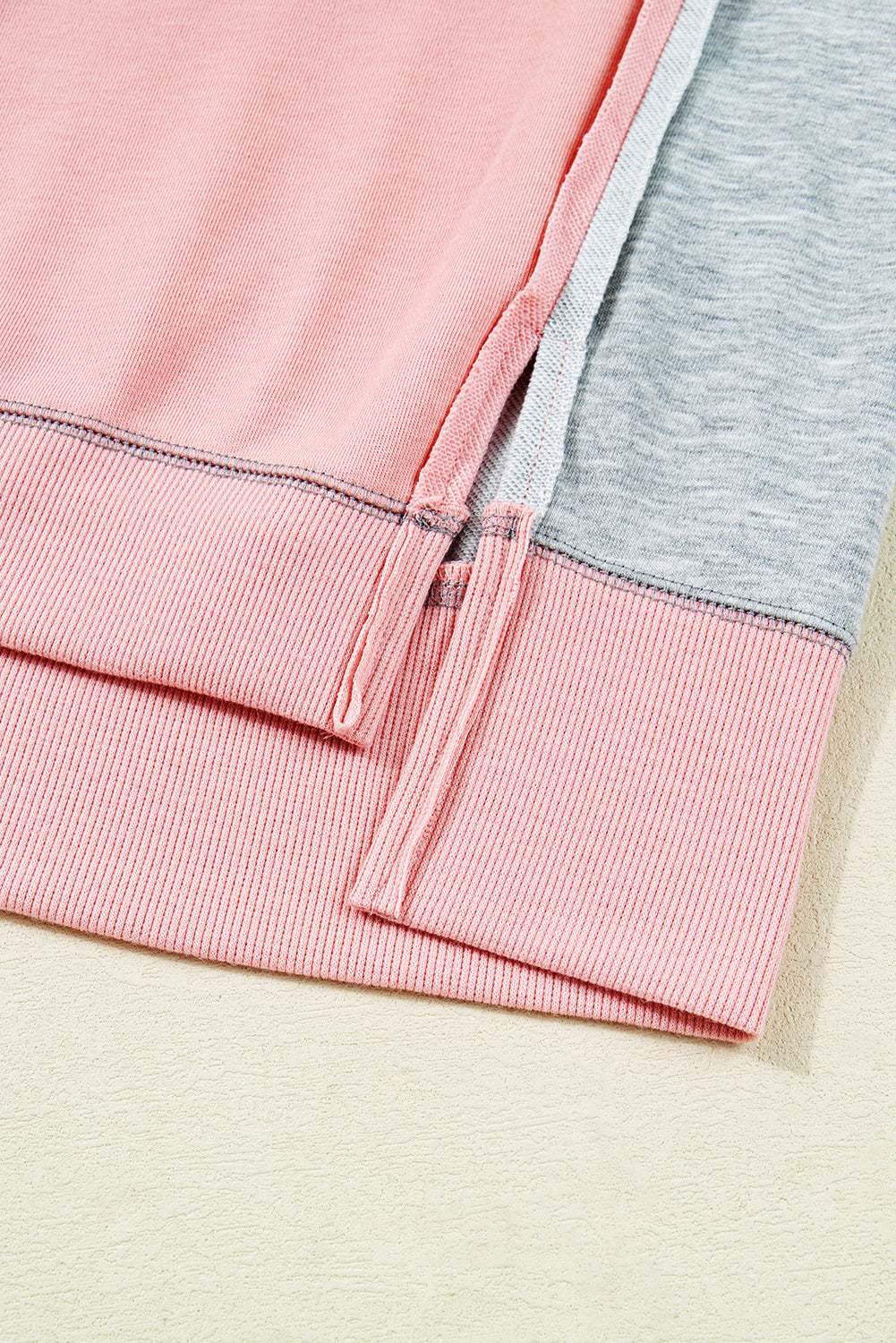 Apricot Pink Exposed Seam Color Block Patchwork Slit Cuffs Oversize Sweatshirt