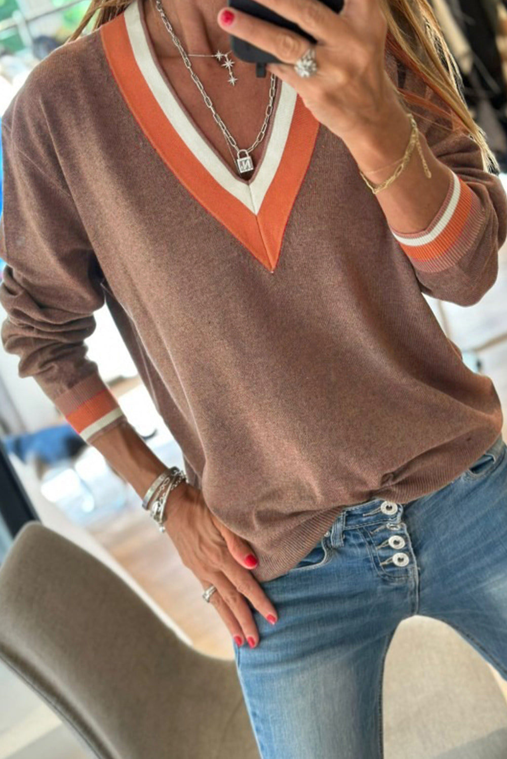 Black Contrast Striped Trim V Neck Varsity Sweater