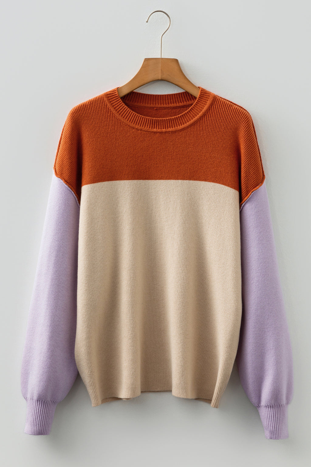Green Color Block Plain Ribbed Knit Baggy Sweater