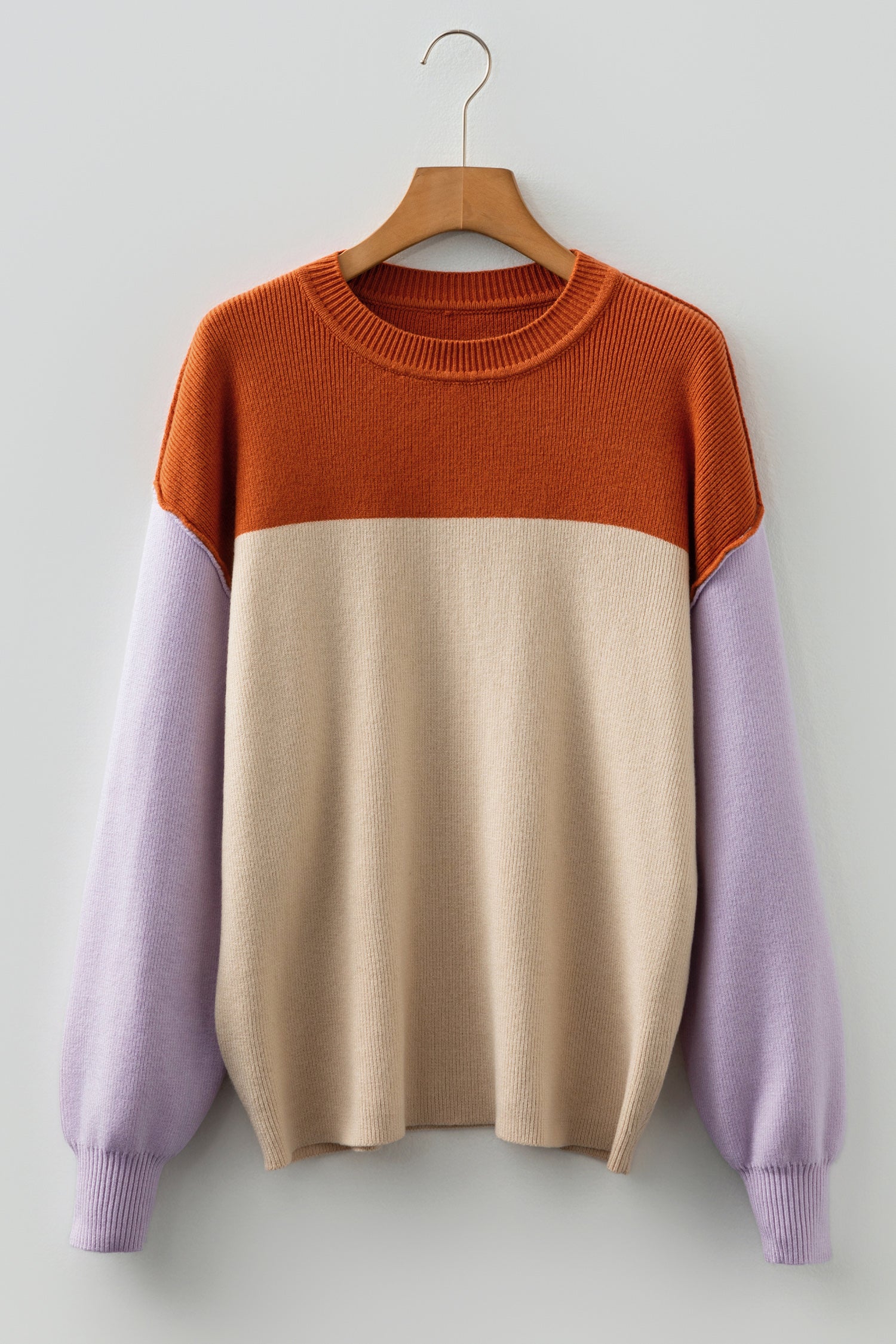 Green Color Block Plain Ribbed Knit Baggy Sweater