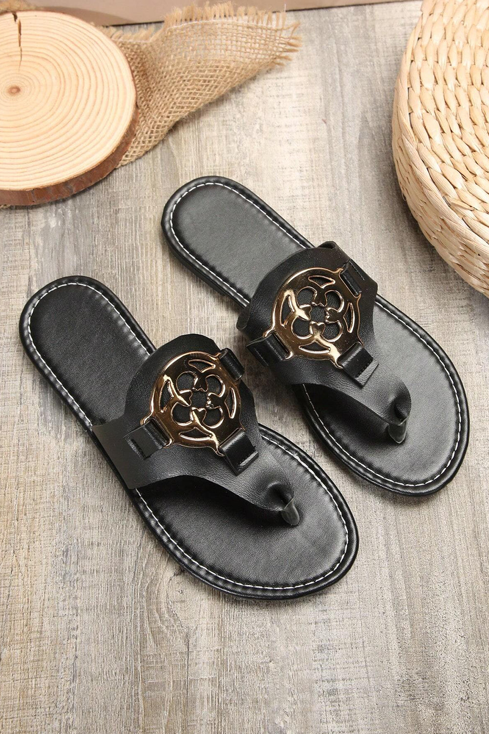 White Metal Decor Leather Thong Slippers