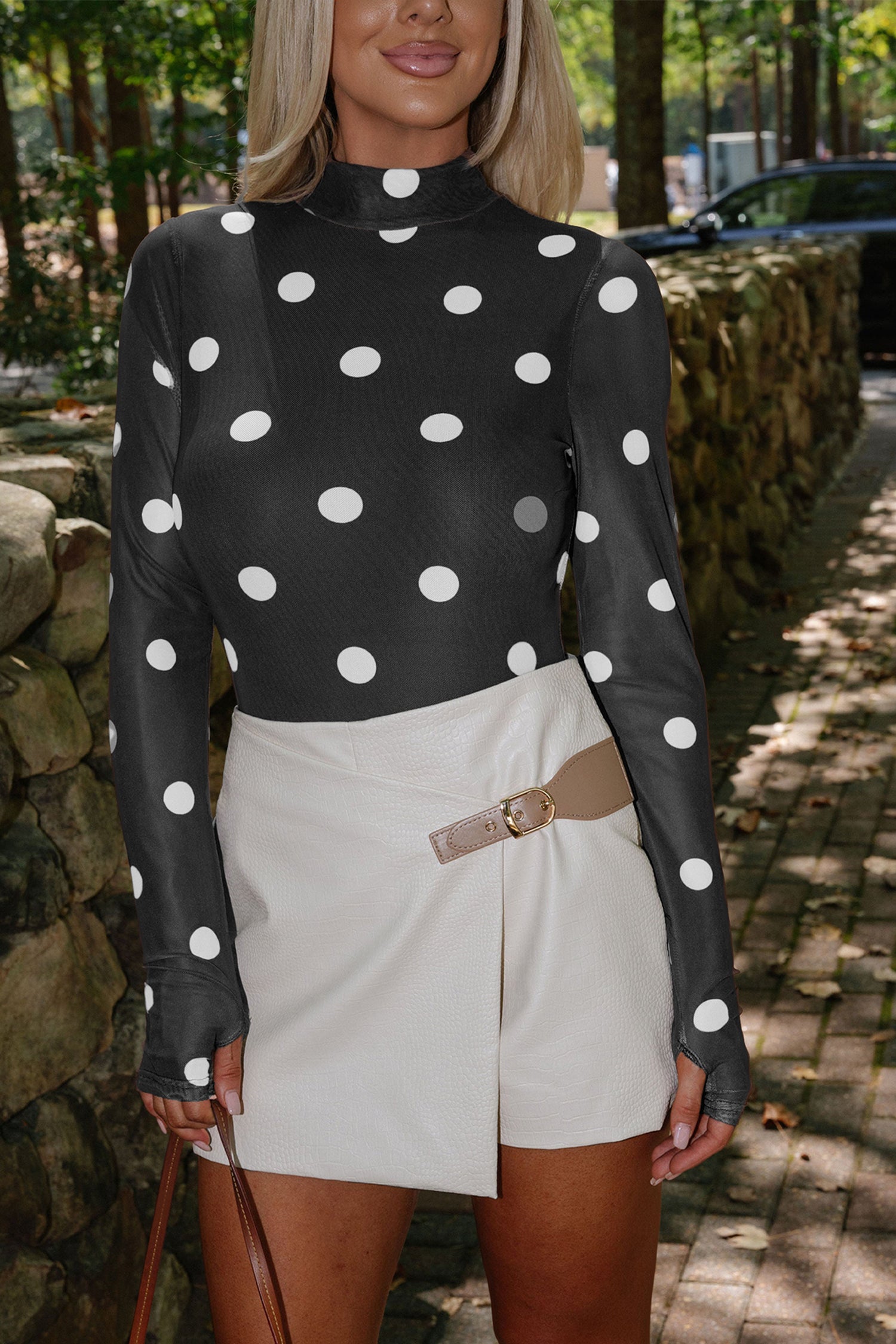 Brown Vintage Polka Dot Print Mesh Long Sleeve Bodysuit