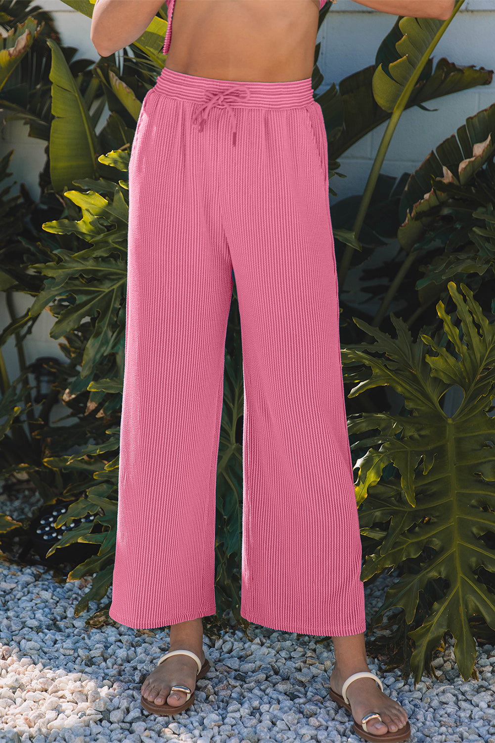 Blue Solid Corded Knit Short Sleeve T Shirt and Wide Leg Pants Set