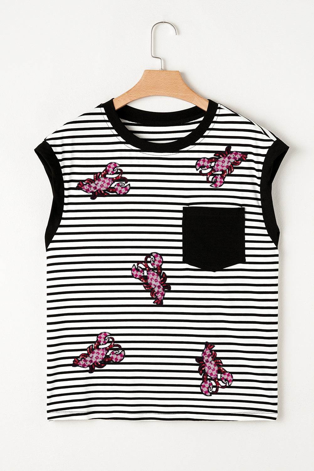 Black Stripe Sequined Lobster Patched Pocket Casual Tank Top
