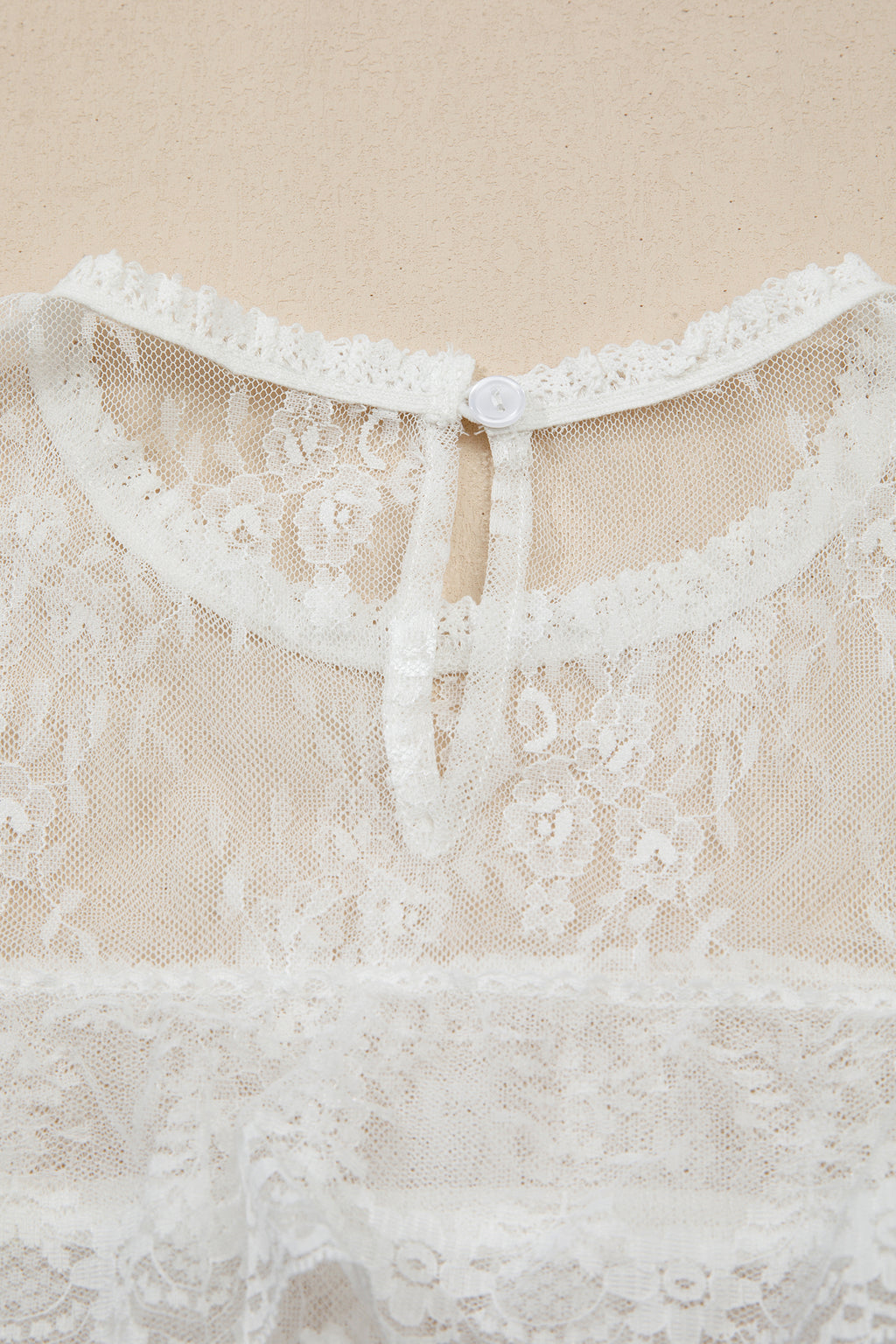 White 2pcs Sheer Floral Lace Ruffle Tiered Patchwork Blouse