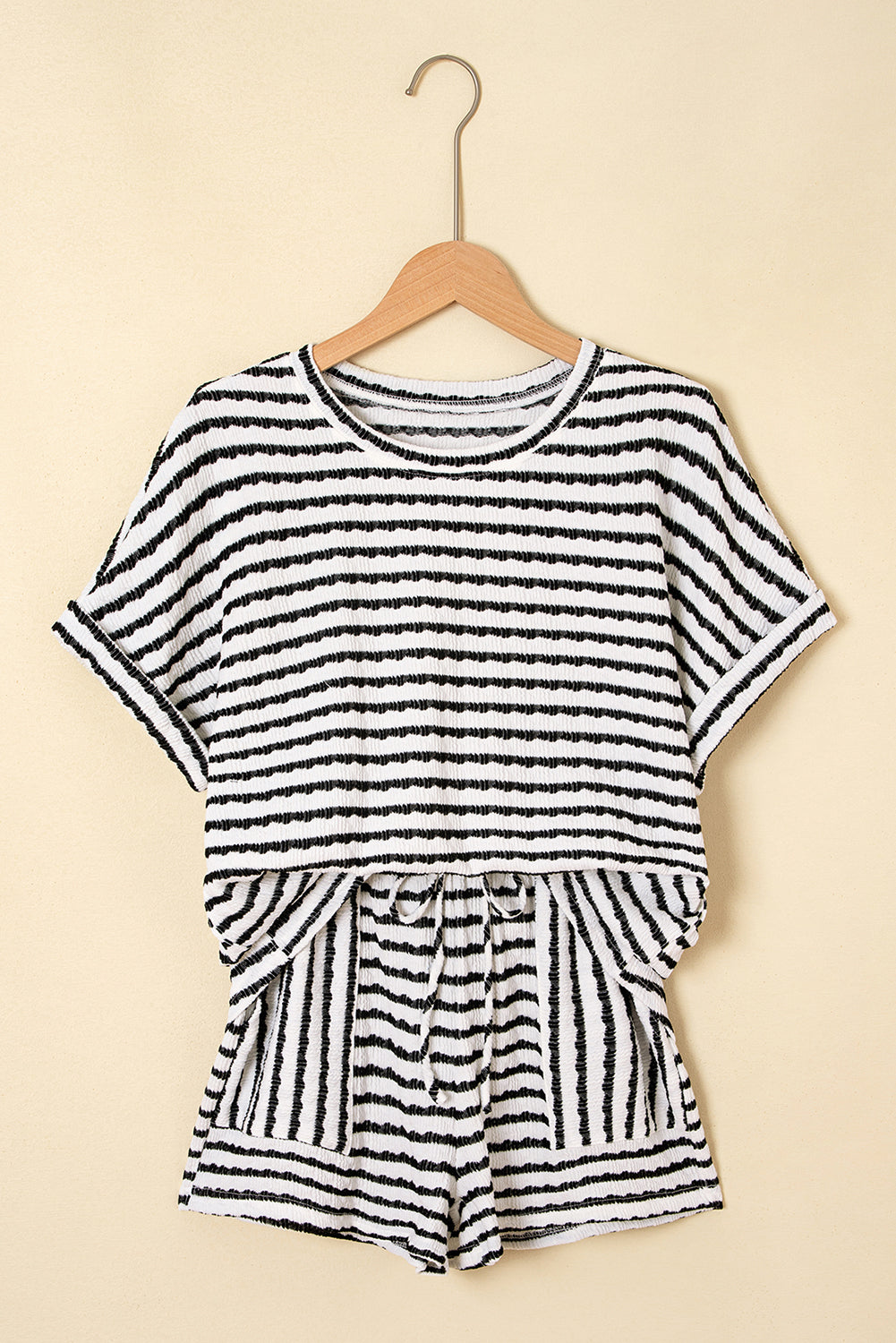 Pink Stripe Knitted Short Sleeve Top and Drawstring Shorts Set