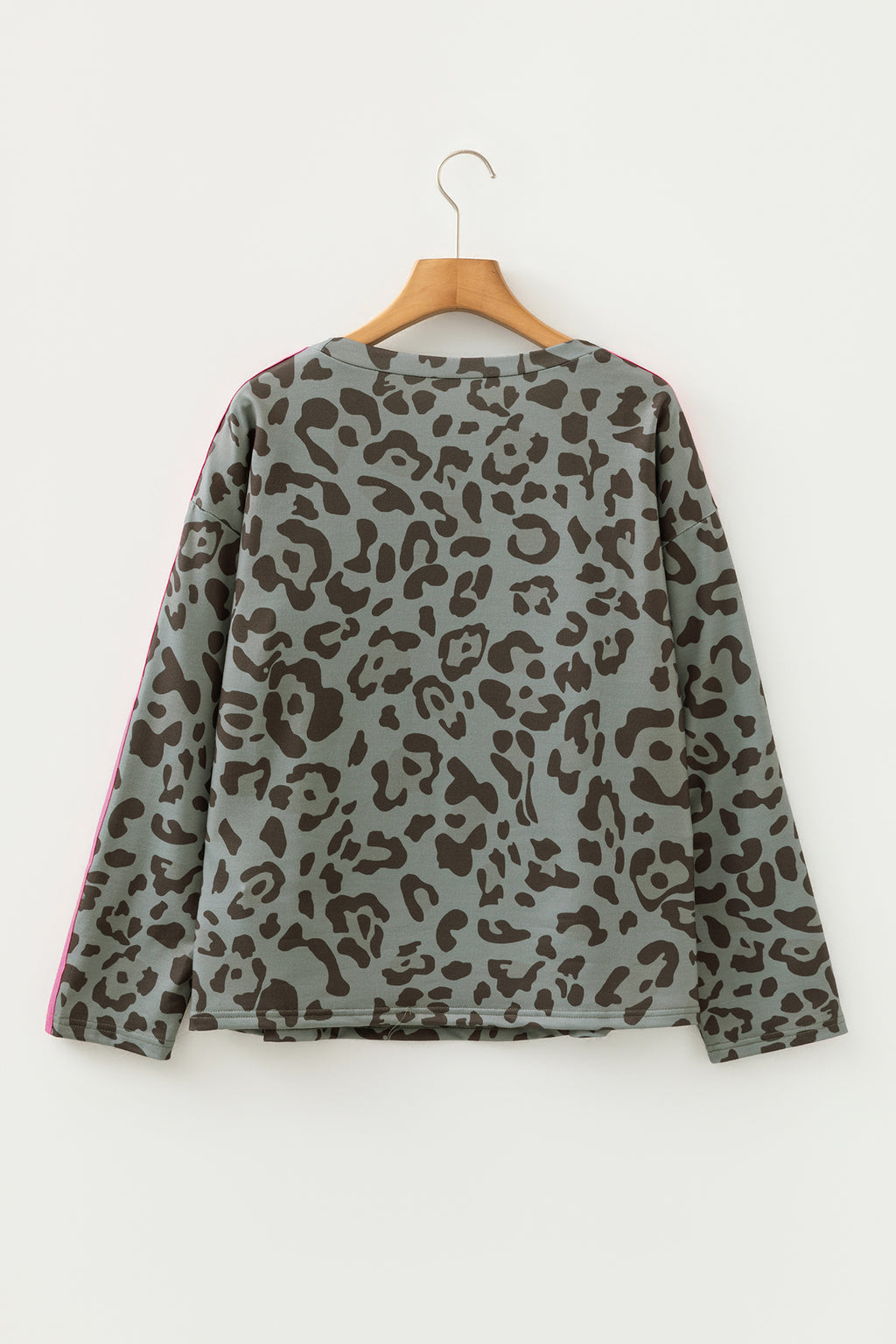 Gray Leopard Print Varsity Striped Trim Long Sleeve Top