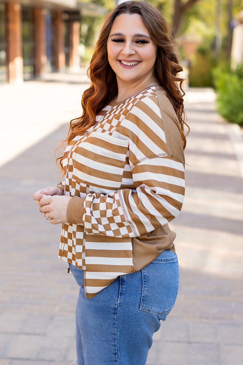 Khaki Checkerboard Striped Patchwork Lantern Sleeve Pocketed Blouse