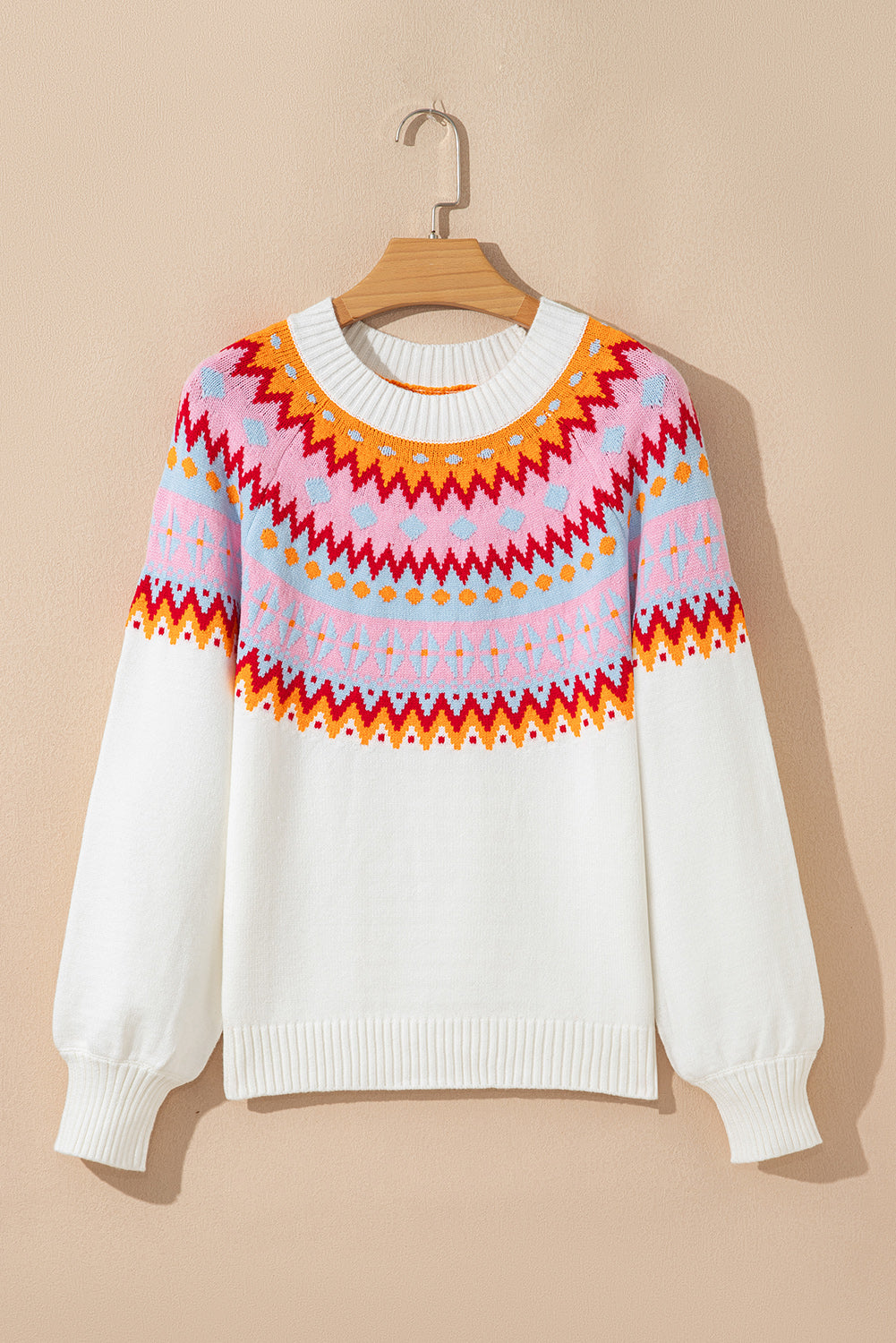 White Ethnic Geometric Colorblock Print Drop Shoulder Sweater