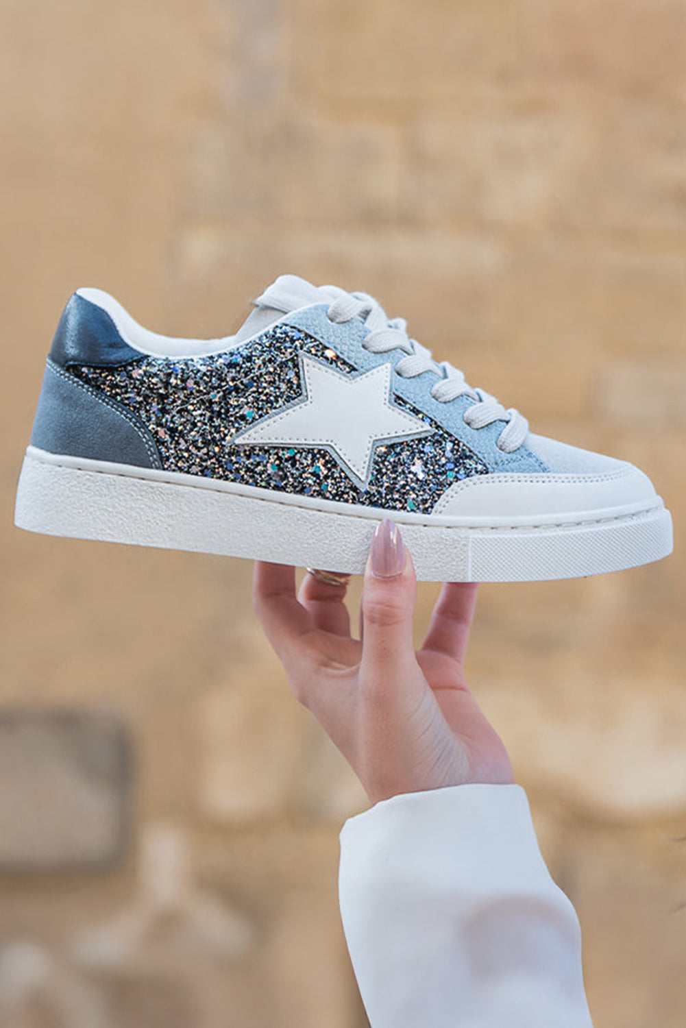 Dearlove Gold Glitter Star Patchwork PU Leather Lace-up Sneakers