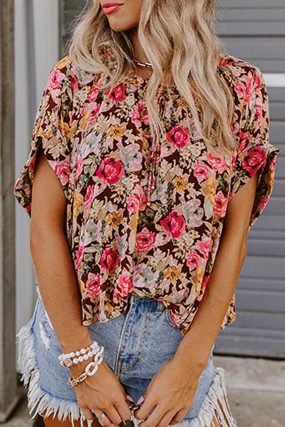 Pink Floral Print Crew Neck Short Sleeve Shift Blouse