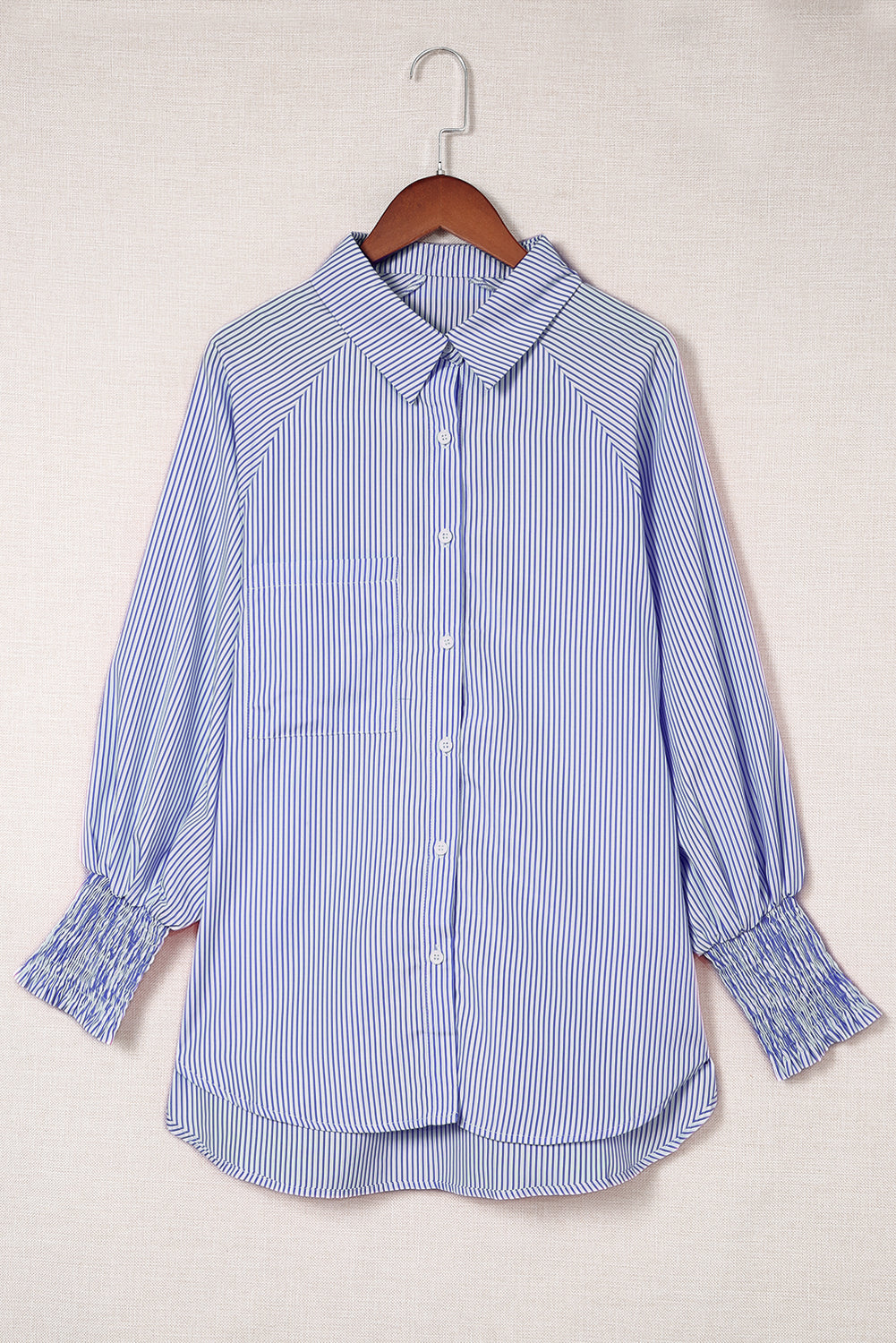 Red Stripe Smocked Cuffed Striped Boyfriend Shirt with Pocket