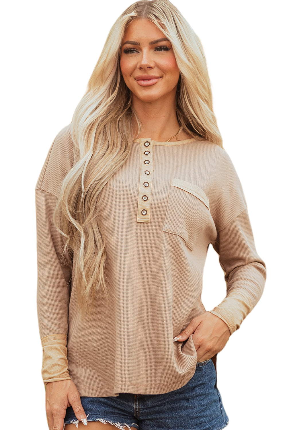 Vineyard Green Color Block Waffle Textured Tunic Henley Top with Slits
