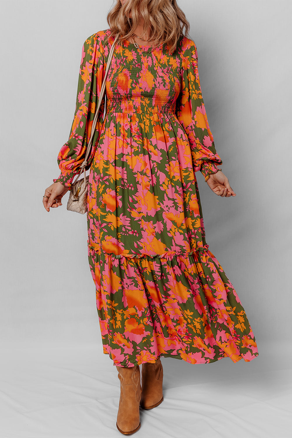 Multicolour Floral Print Long Sleeve Smocked Ruffled Mini Dress
