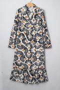 Black Abstract Floral Print Split V Neck Long Dress with Sleeves