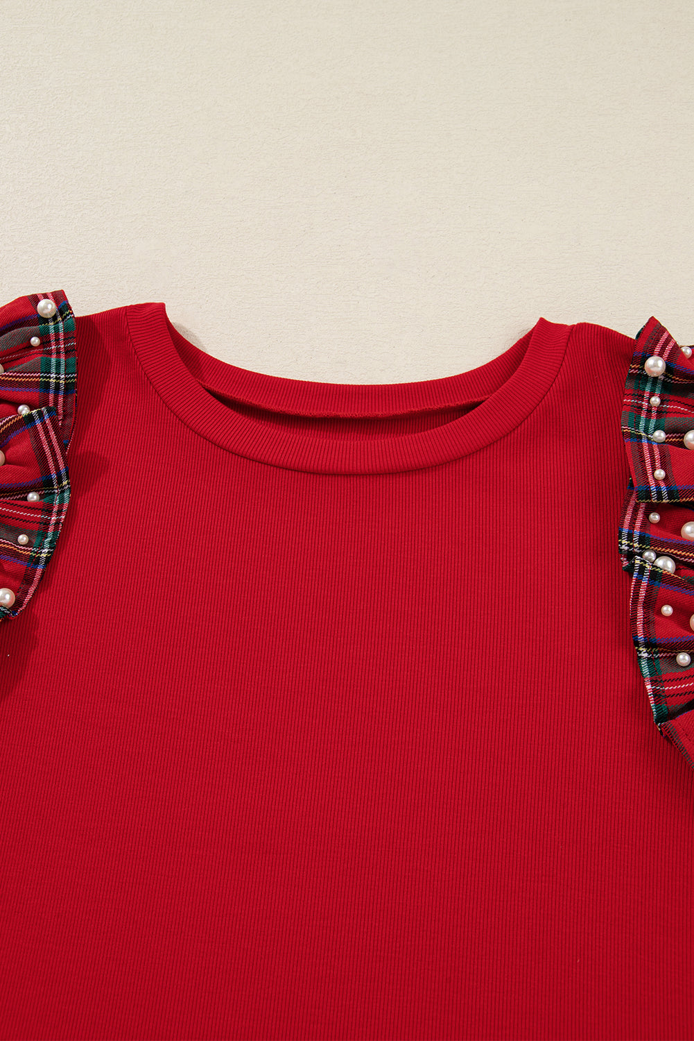 Red Festive Plaid Pearl Embellished Ruffle Short Sleeve Blouse