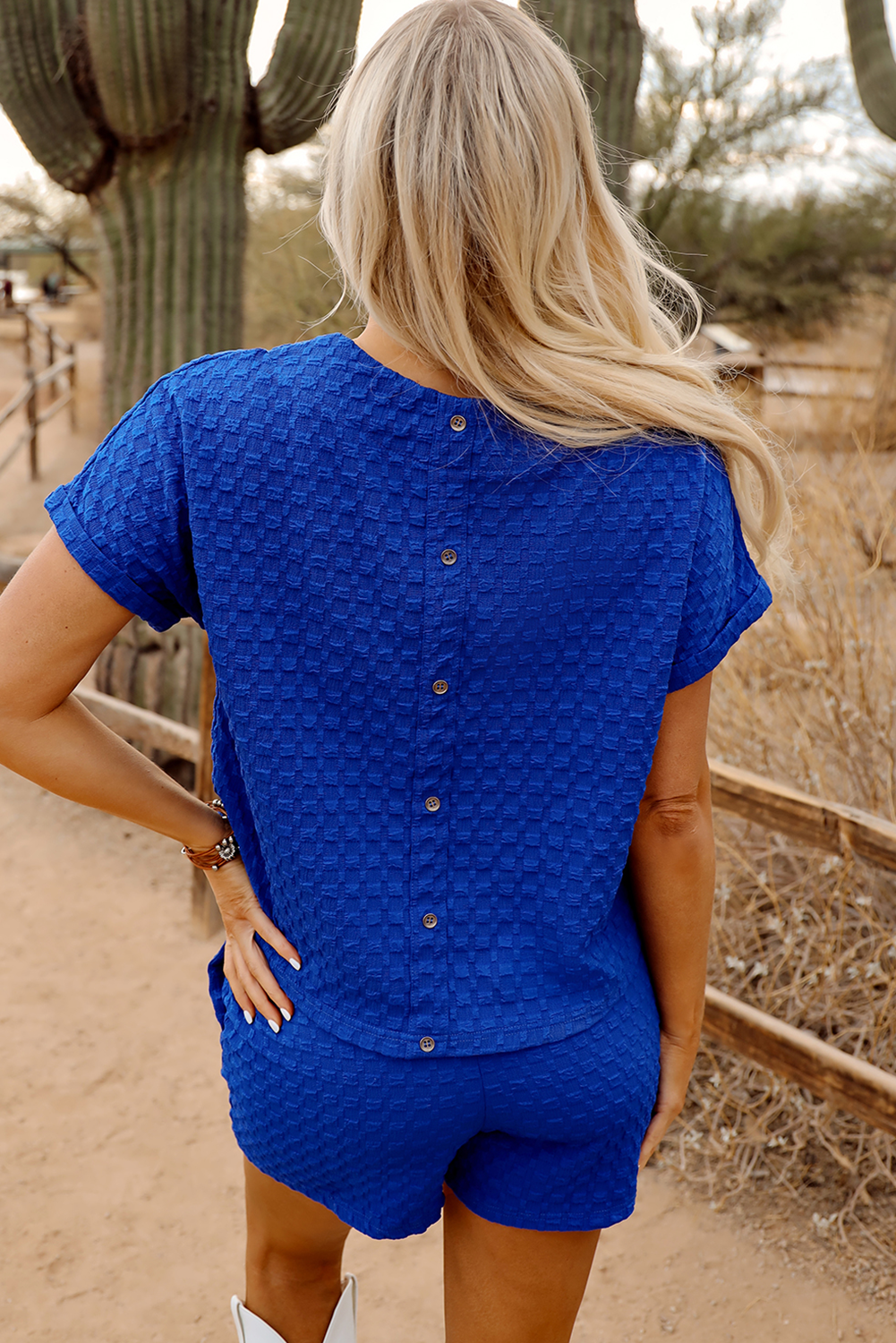 Sky Blue Sequined USA Bowknot Buttoned Back Textured Short Set