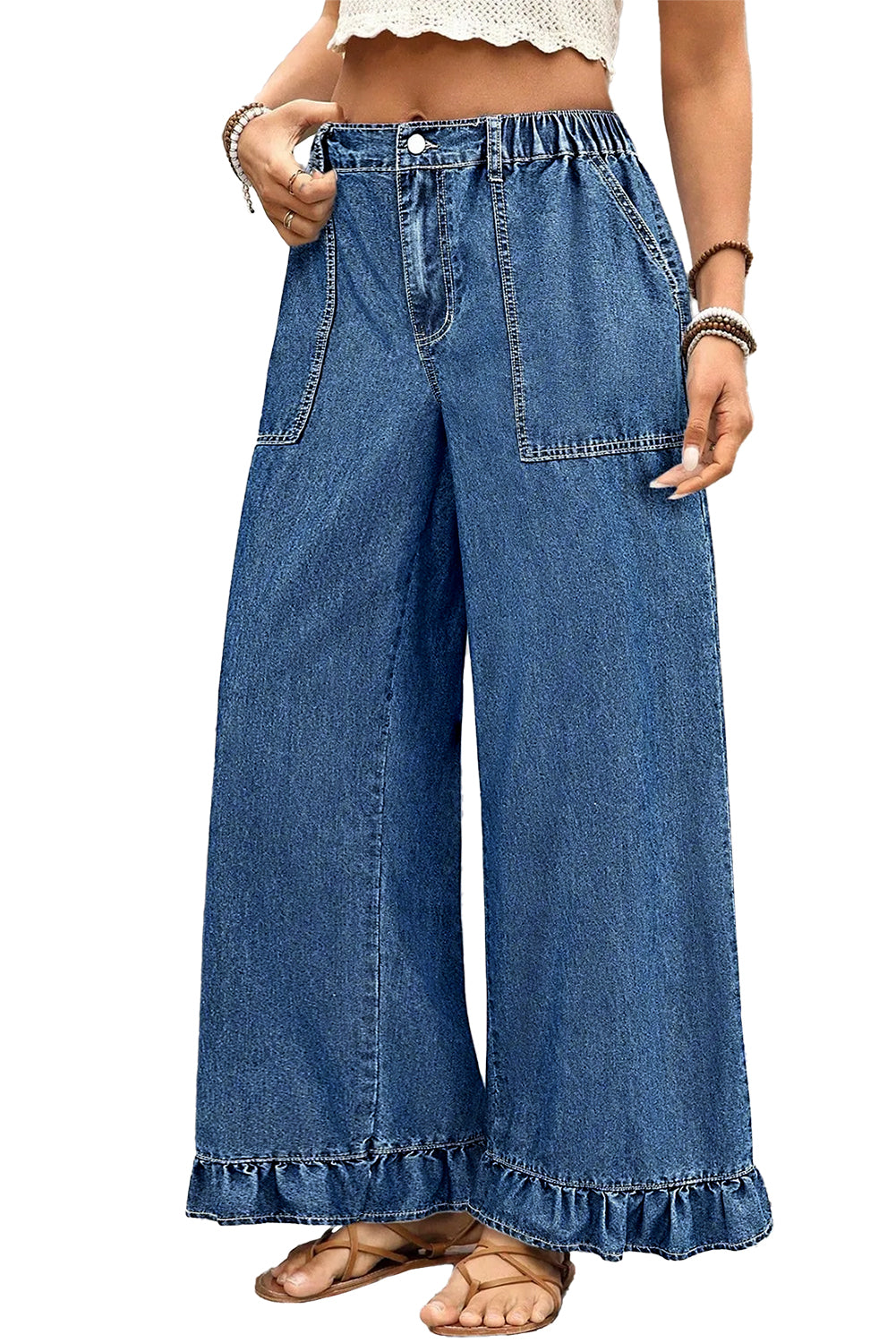 Black Plus Size Elastic Waist Ruffled Wide Leg Denim Pants