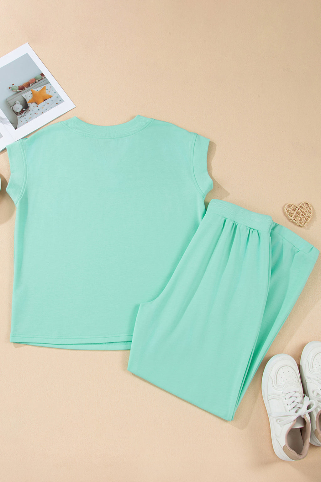 Mist Blue Solid Color Loose Tee Drawstring Wide Leg Pants 2pcs Outfit