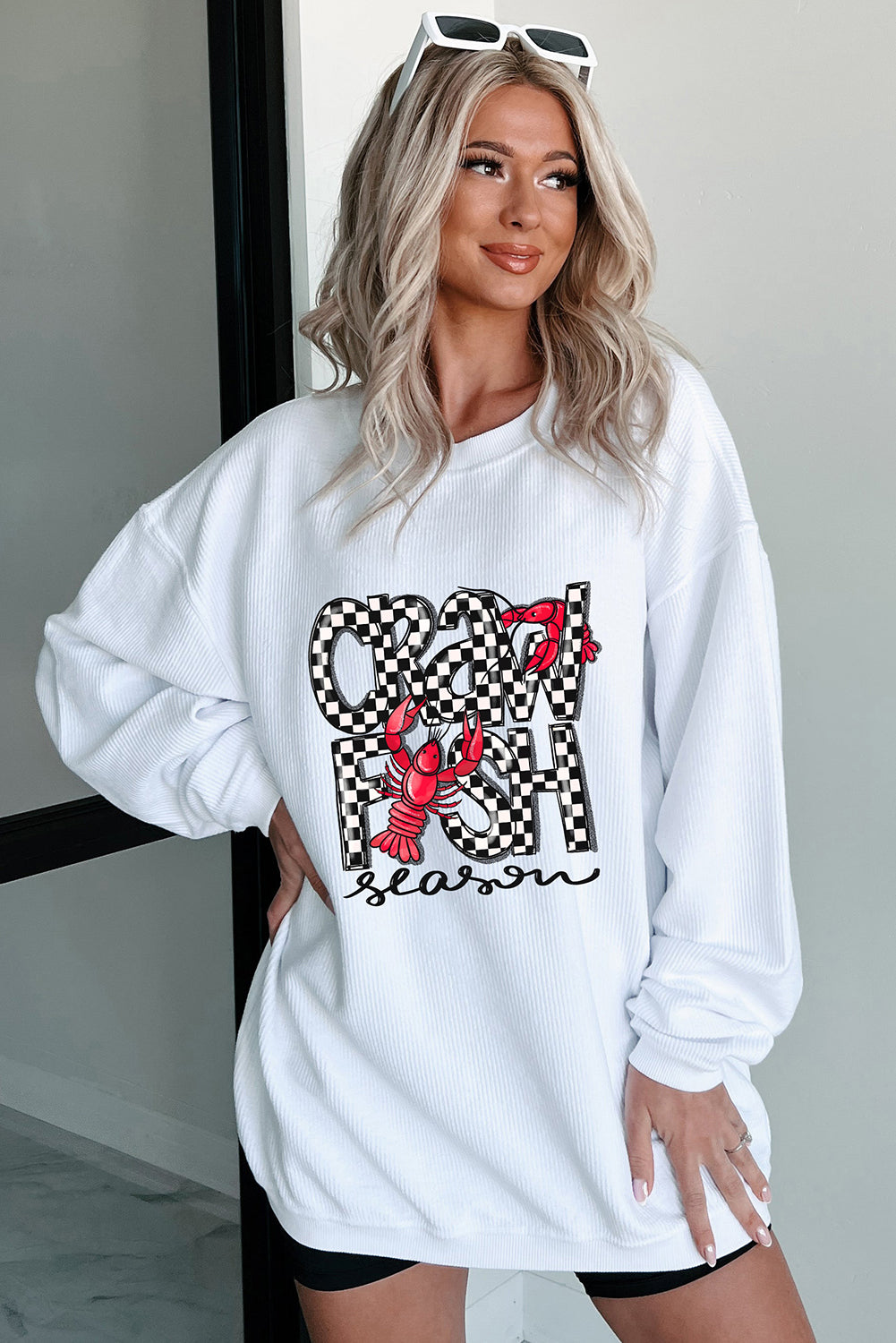 White Crawfish Season Checkered Letter Graphic Corded Sweatshirt