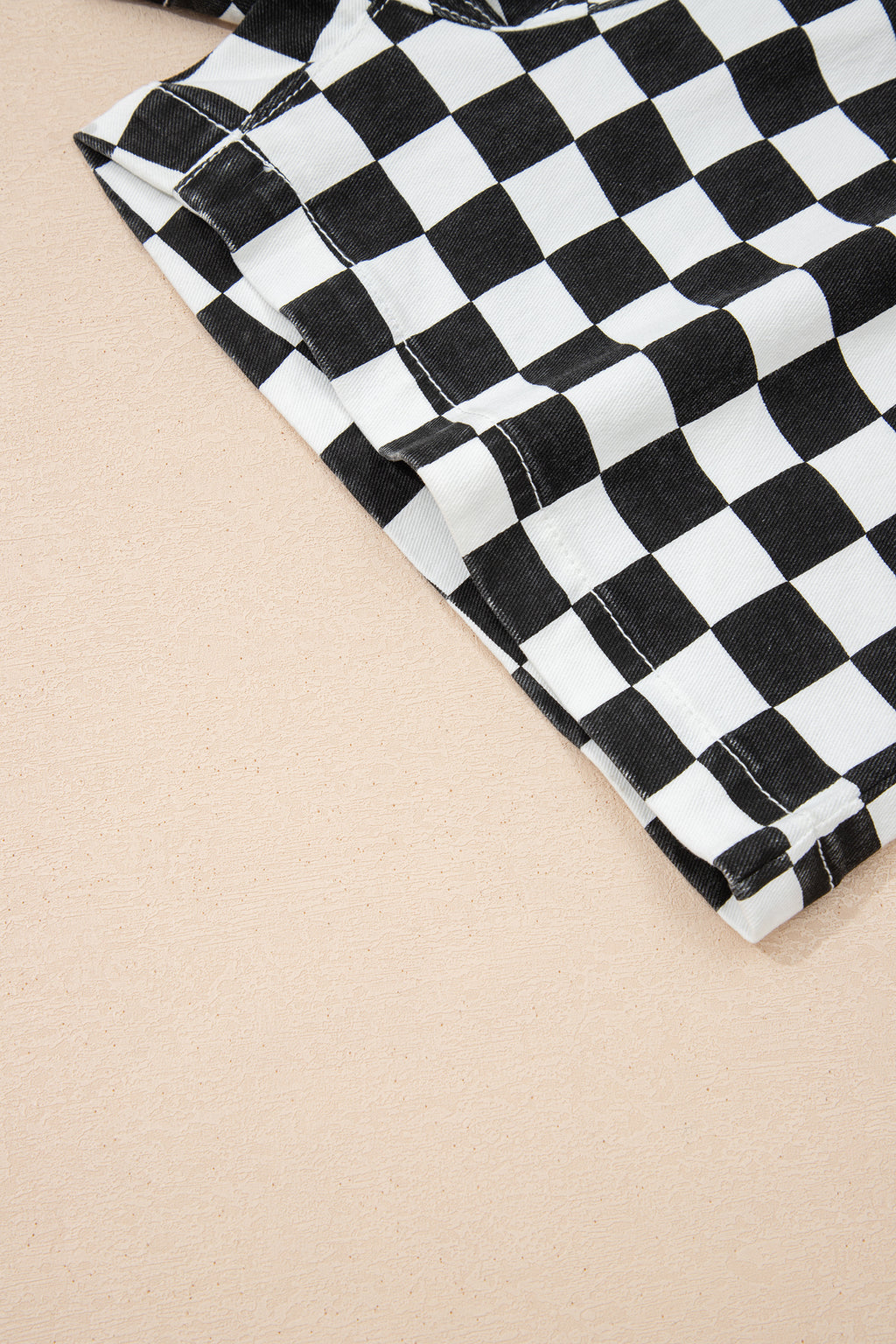 Black Checkered Print Overlap Denim Shorts