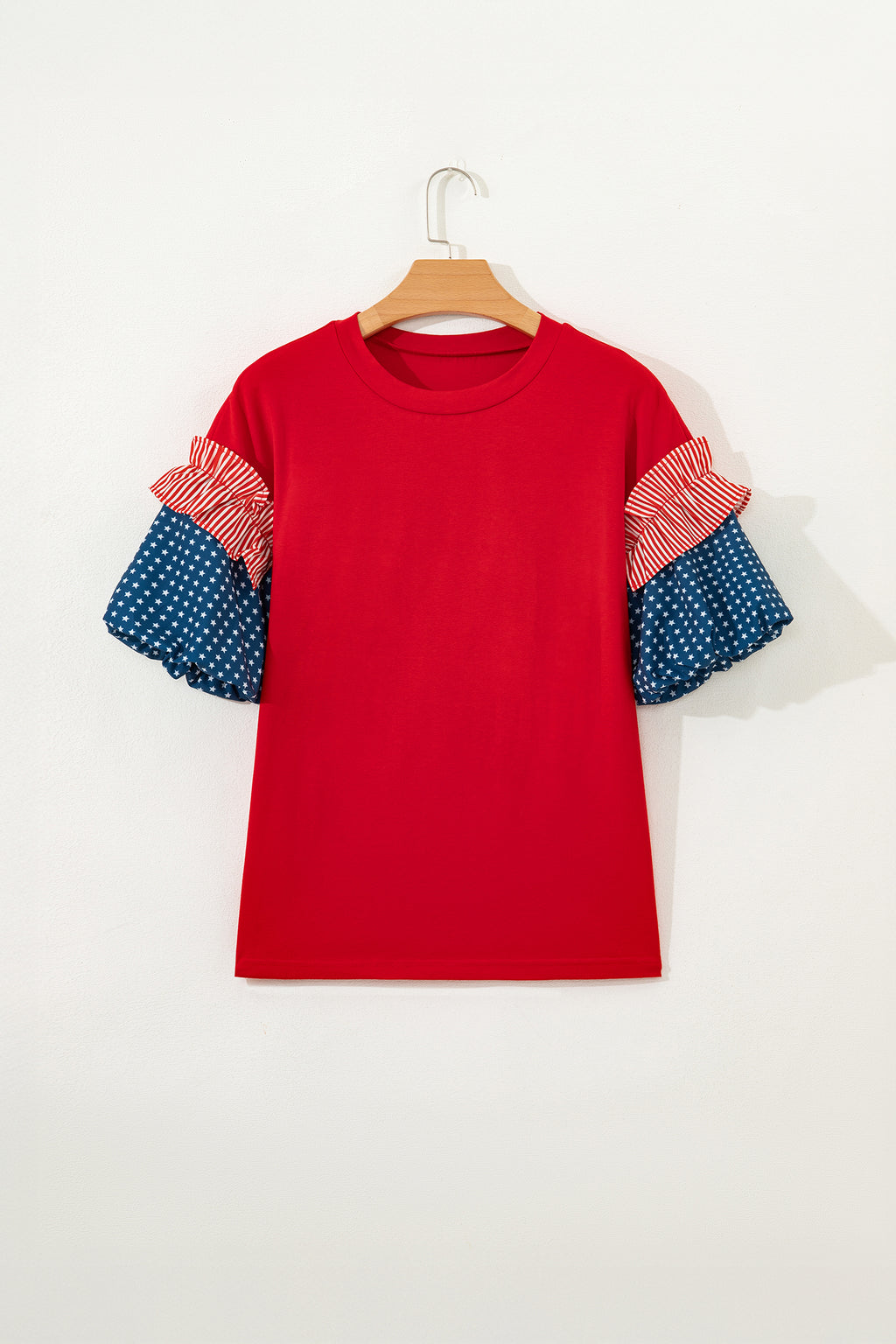 Fiery Red Stars Stripes Short Puff Sleeve Top