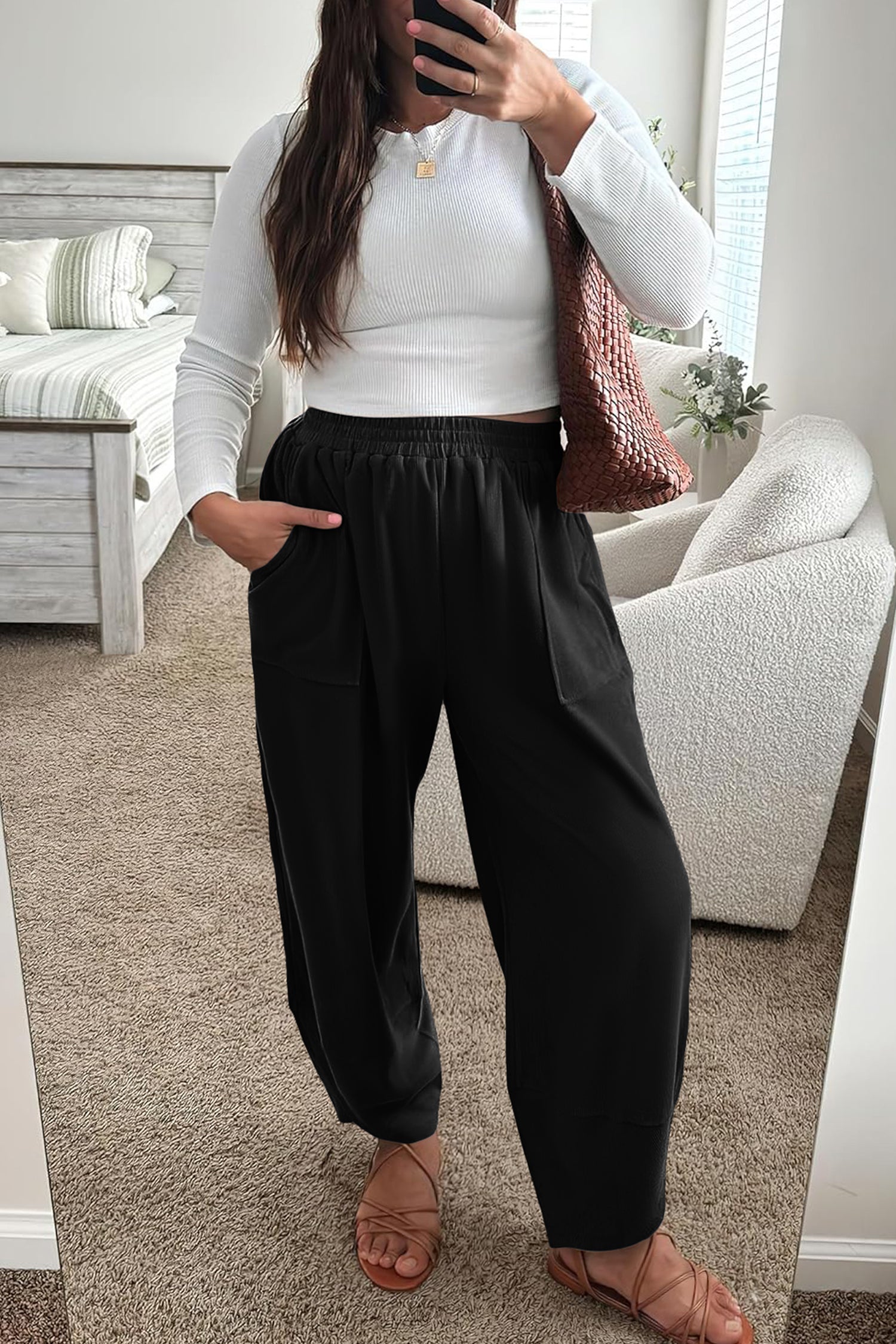 Sail Blue Plus Size Elastic Waist Asymmetrical Hem Loose Capris Pants