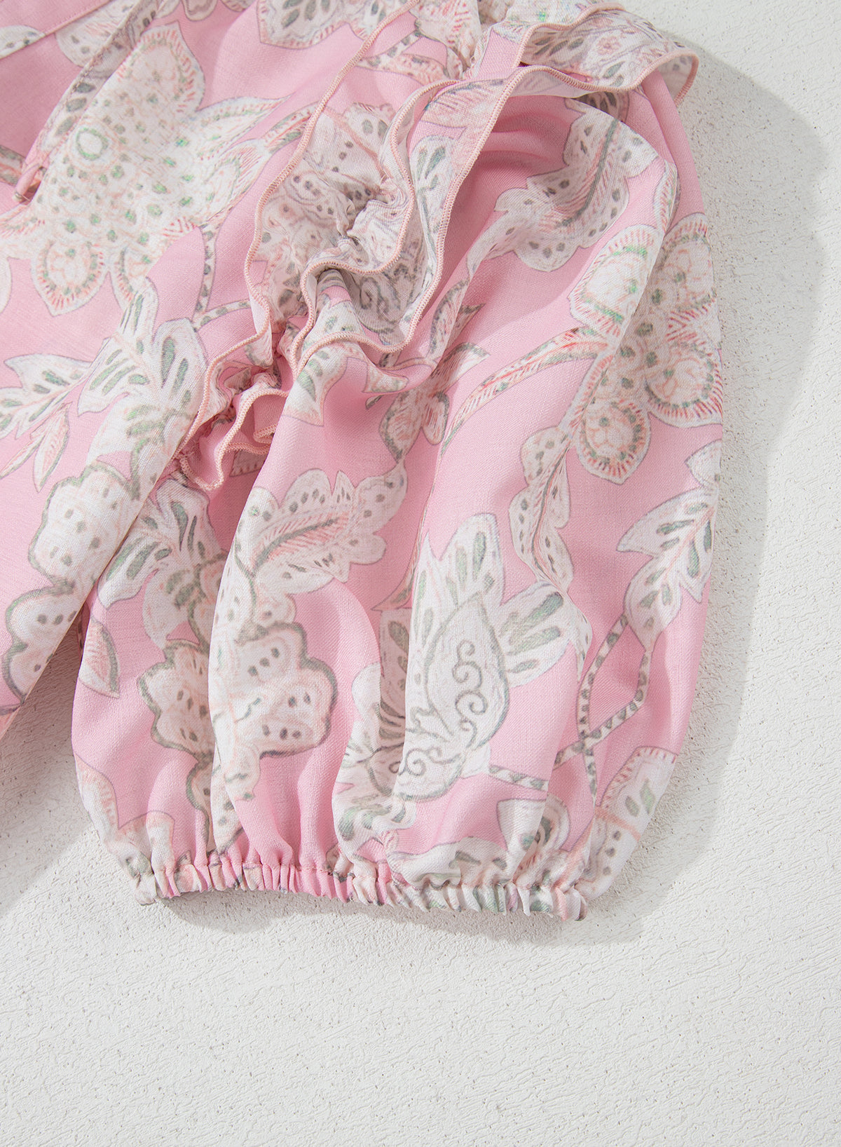 Pink Floral Print Drawstring V Neck Puff Sleeve Loose Blouse