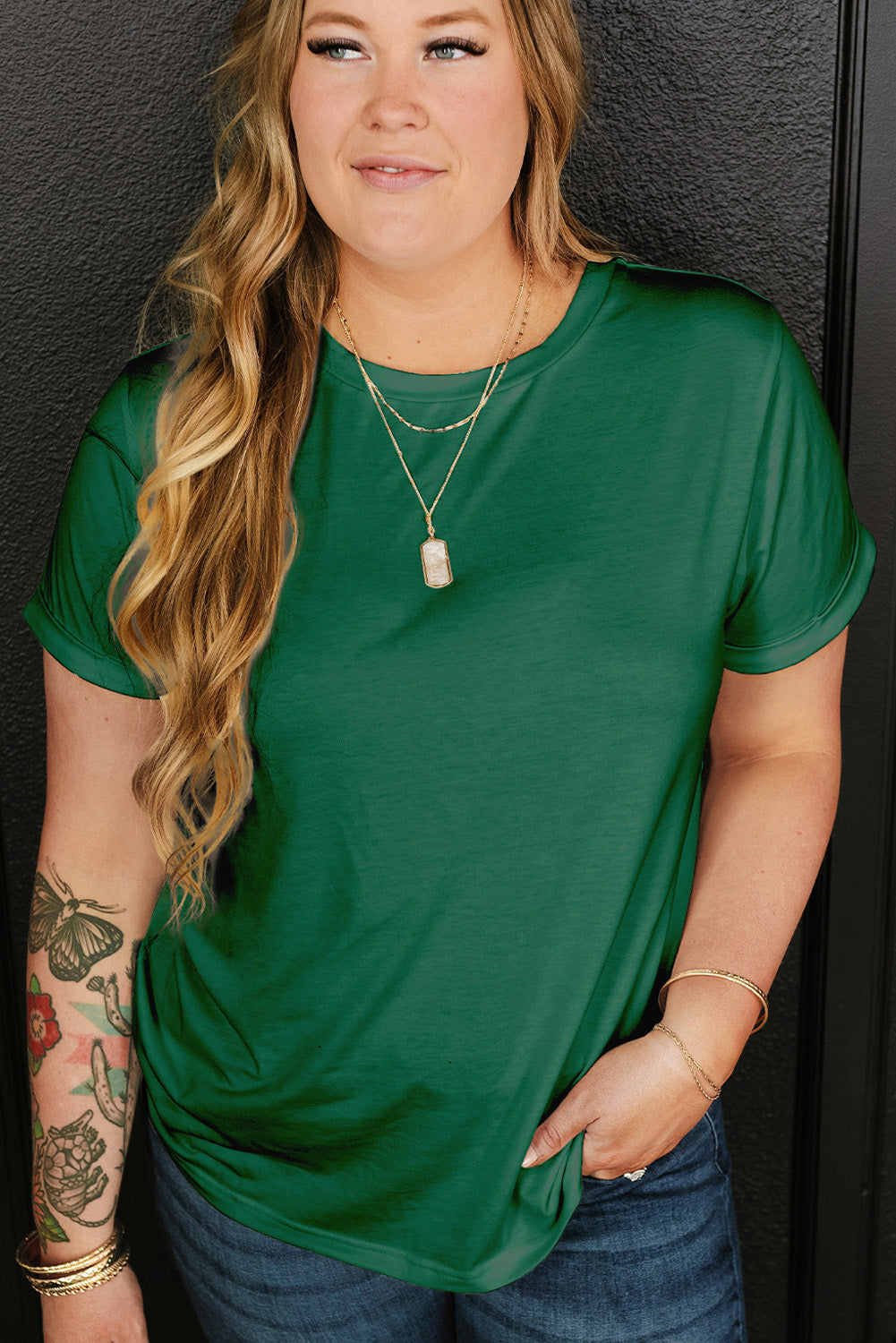 Iceland Blue Round Neck Rolled Sleeve Plus Size T-shirt