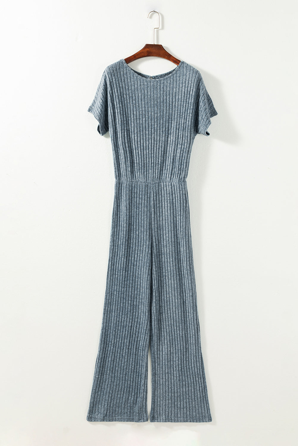 Dark Grey Ribbed Keyhole Short Sleeve Wide Leg Jumpsuit