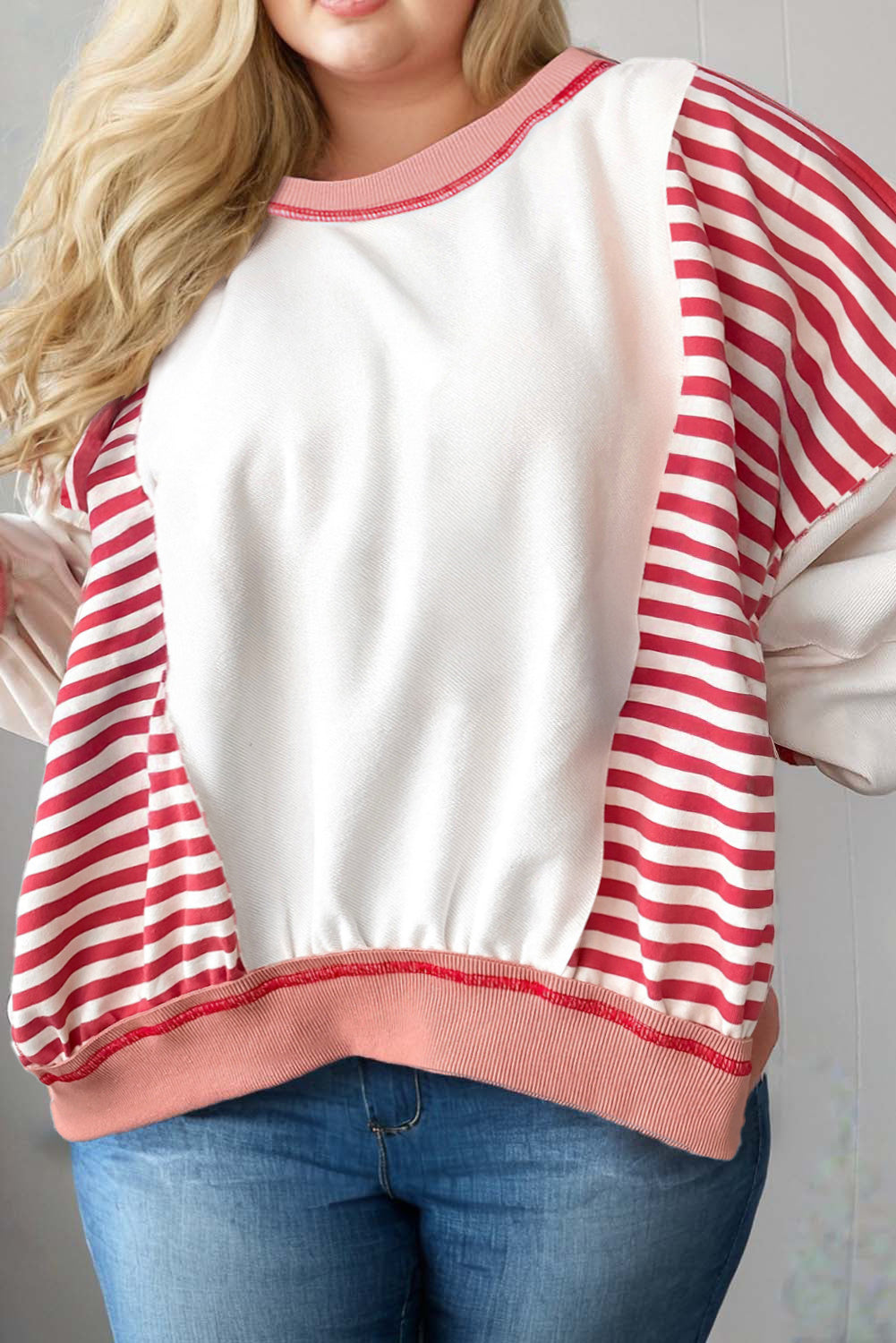 Red Stripe Colorblock Patchwork Contrast Stitching Oversize Sweatshirt