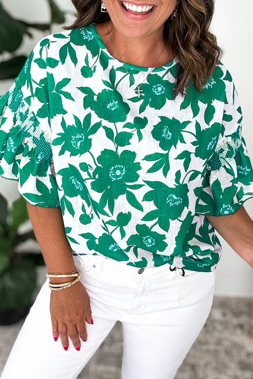 Pink Floral Printed Ruffled Short Sleeve Round Neck Loose Blouse
