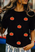 Black Chenille Pumpkin Patched Casual Cotton Blend T Shirt
