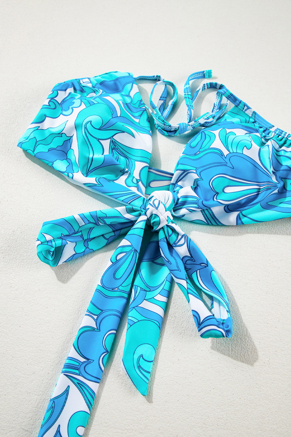 Sky Blue Floral Crossover Tie Back Halter Bikini with Swim Bottoms