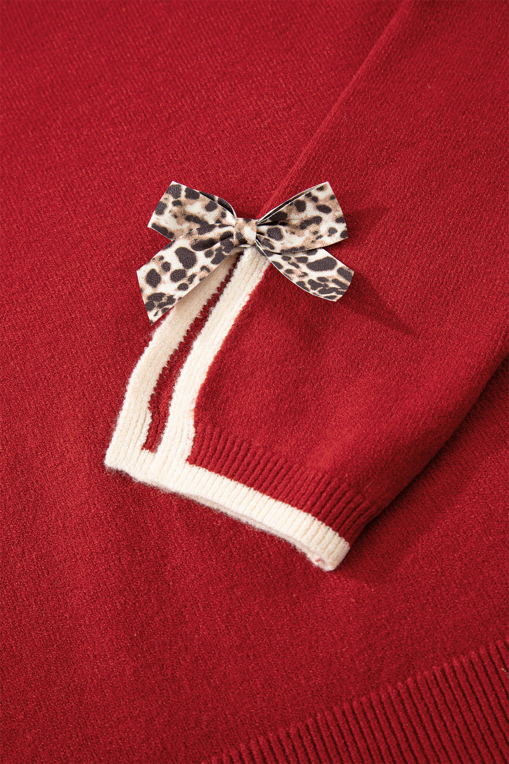 Tan Leopard Bow Decor Split Cuff Contrast Trim Sweater
