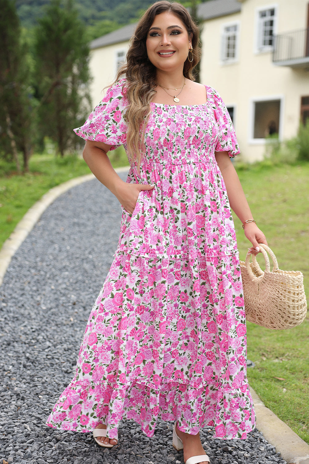 Pink Dainty Floral Smocked Puff Sleeve Flowy Long Dress