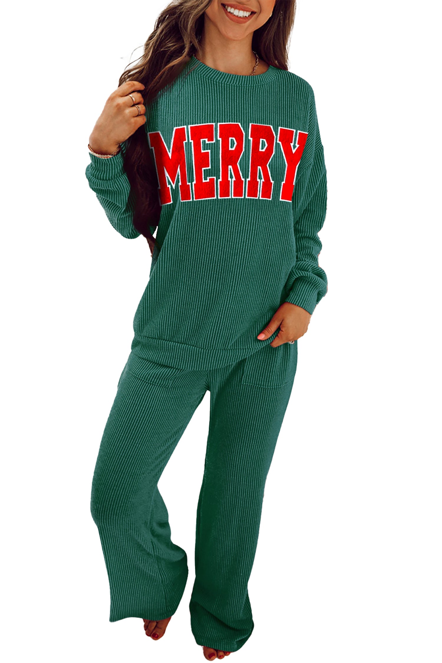 Black MERRY Corded Long Sleeve Top and Pockets Pants Set