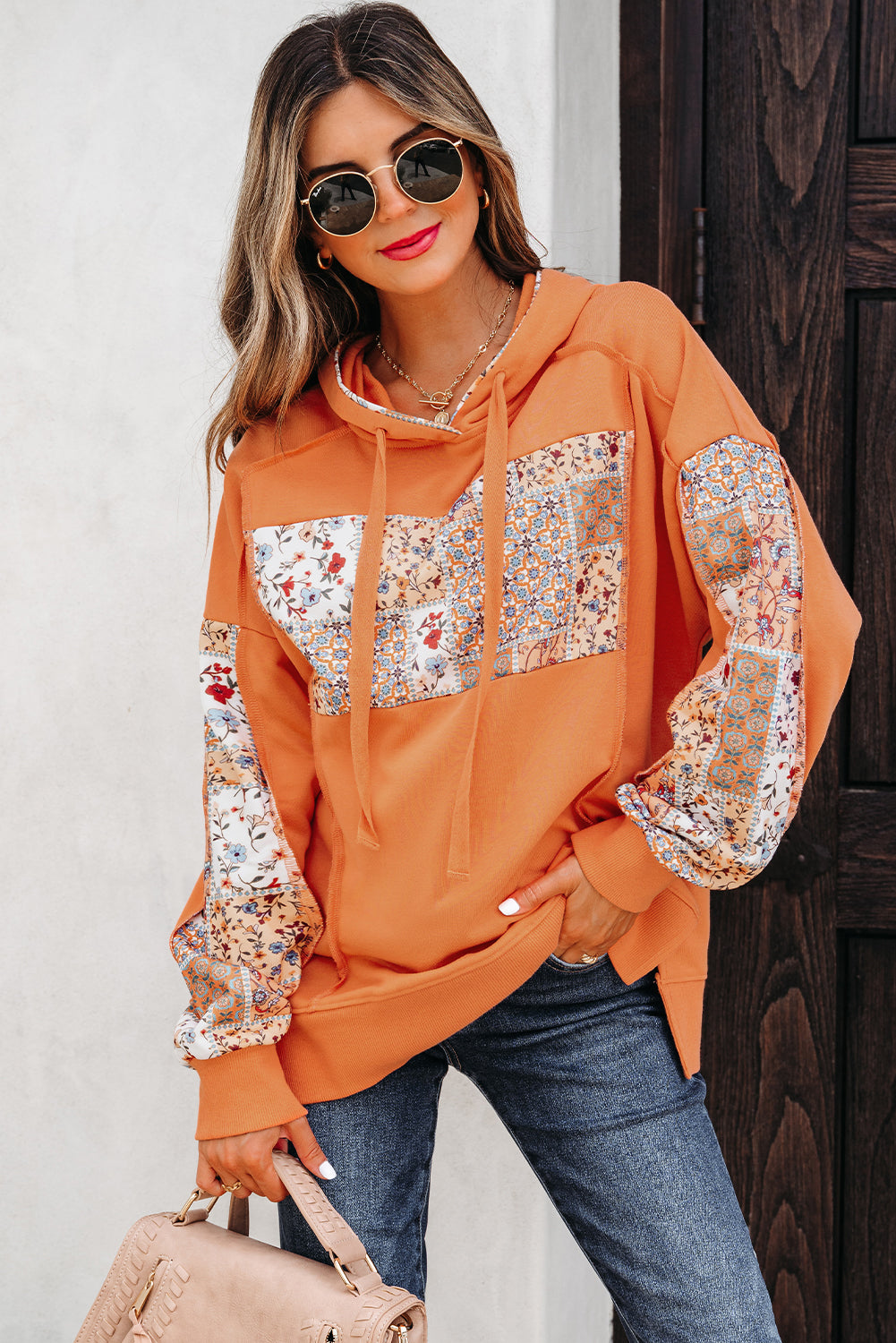 Delicacy Mix Floral Patchwork Side Slit Drawstring Hoodie