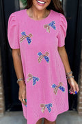 Bright Pink Flag Pattern Inspired Sequin Bow Spiral Ribbed Puff Sleeve T Shirt Dress