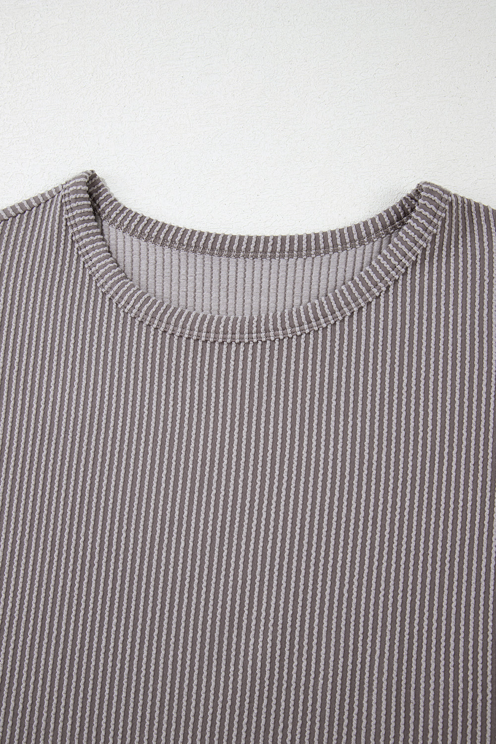 Gray Twisted Rib Wide Sleeve Crew Neck T Shirt