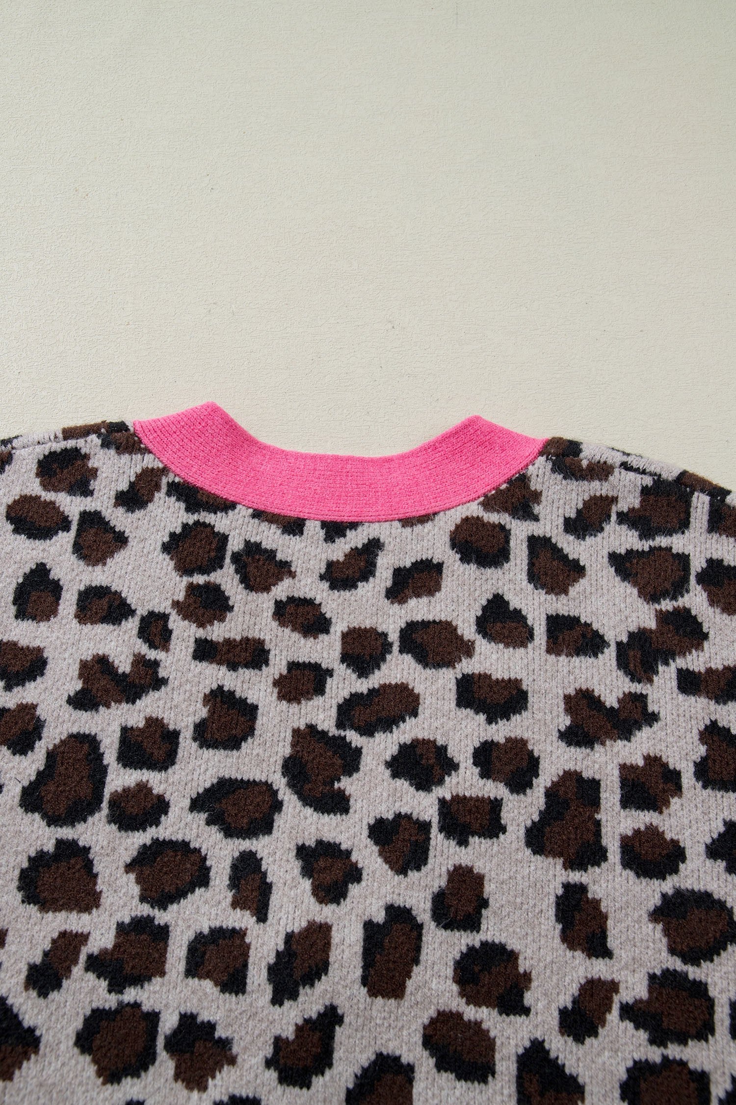 Khaki Oversize Color Block Trim Button Down Leopard Print Cardigan